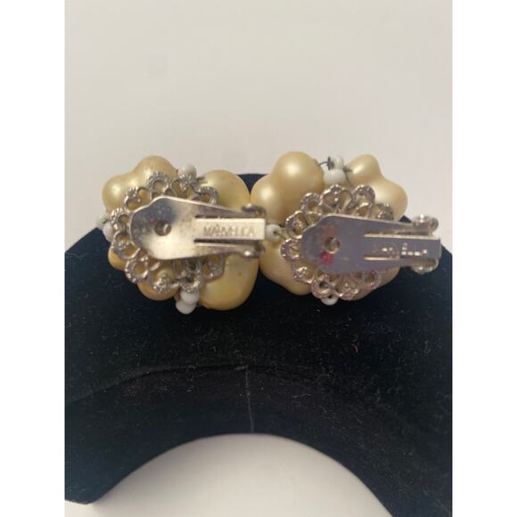 Vintage MARCELLA Clip On Earrings Pearl Rhinestones Beads Signed Silver Tone - Picture 3 of 4